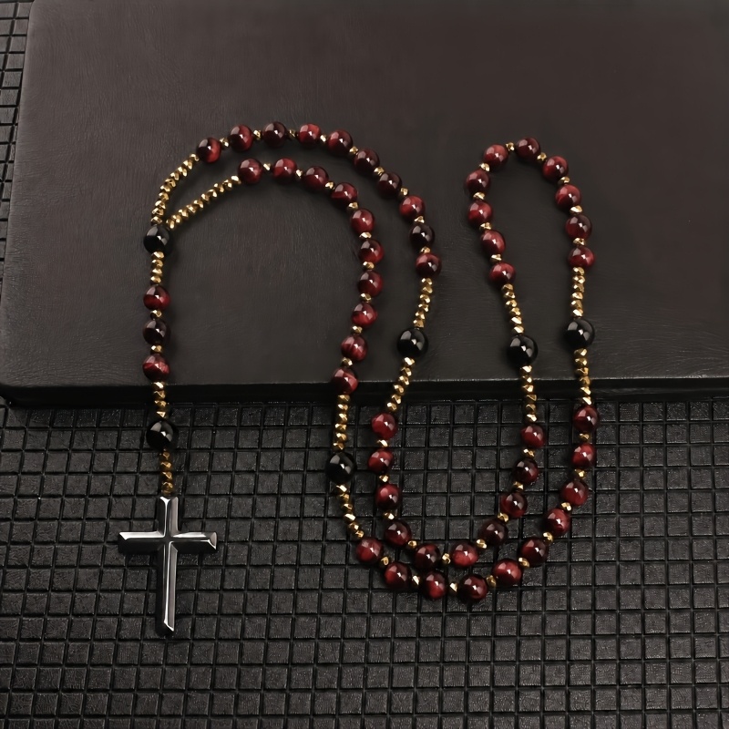 Blue Tiger Eye Cross Pendant Necklace, Unisex